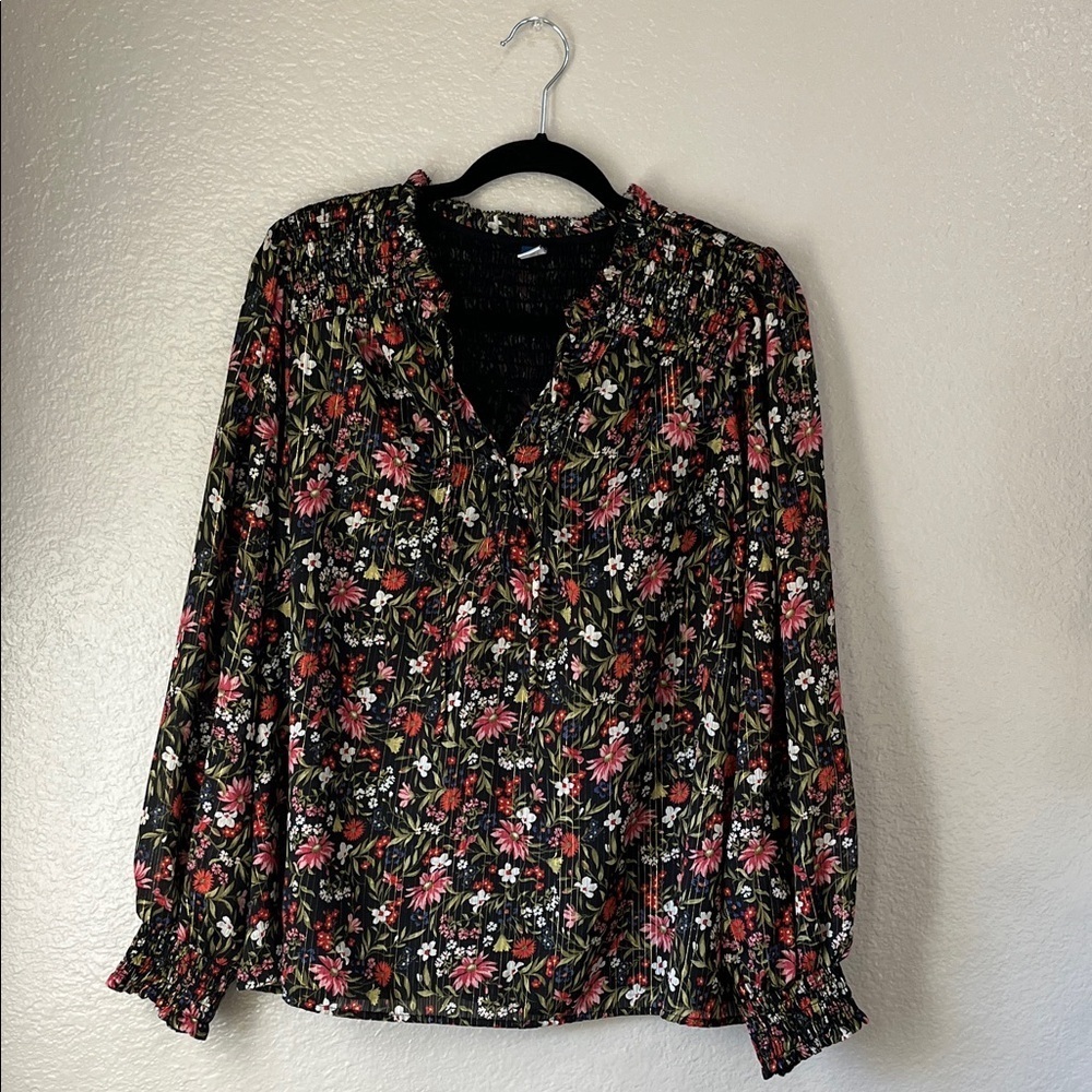 Old Navy Women Sz XL Smocked Tie-Front Neck Shine Chiffon Floral Blouse